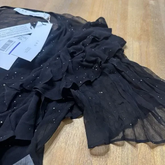 IRO Paris Lonila Ruffled Glitter-Embellished Georgette Blouse Medium Sz 36 Black